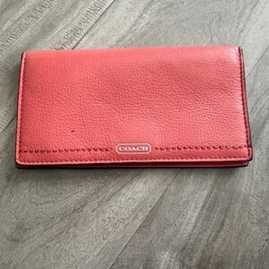 Coach Slim Leather Bifold Wallet Coral Pink Red Pebble Leather Women's Card Case